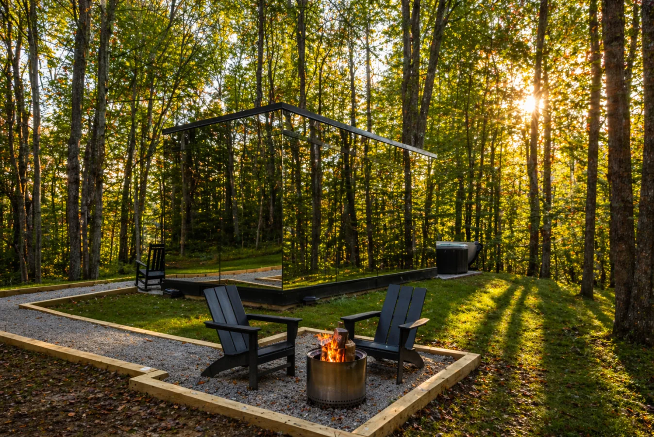 Sunset fire pit in the woods — The Mirage Escape